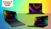 Three of the best Razer laptops floating on a bright green gradient background