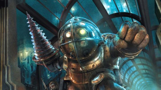 BioShock Division 9 cancellation: a man in a massive diving suit with a drill for an arm, stood in an underwater art deco hallway