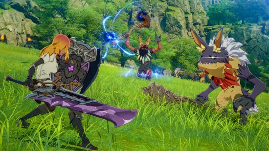 blue protocol release date: a redhaired character with a large purple sword and shield faces off against two mysterious enemies