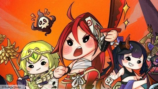 A cute little cartoon girl with red hair raises a sword and charges with two other characters behind her