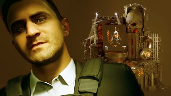 MW3 SteelSeries gaming gear: a suit-wearing man looks into the camera in front of an orange-tinged picture of gaming gear.