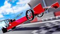 Car Dealership Tycoon codes: A red drag race car speeds over the line in Car Dealership Tycoon.
