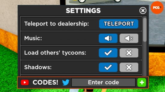 The settings box in which you can enter new Car Dealership Tycoon codes.