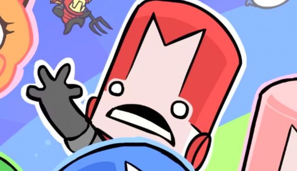 Castle Crashers Steam sale: a cartoon knight with a red helmet, looking shocked and reaching out his right hand