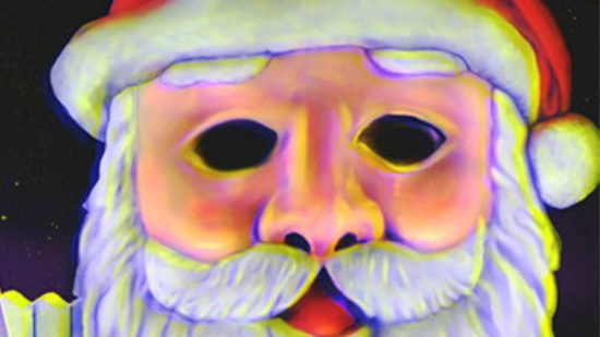 Christmas Massacre Steam: Santa's zoomed in face with black holes for eyes