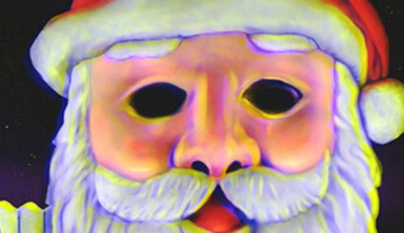Christmas Massacre Steam: Santa's zoomed in face with black holes for eyes