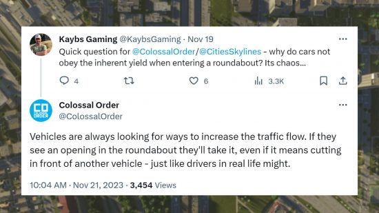 Cities Skylines 2 chaotic roundabouts: a tweet from Colossal Order