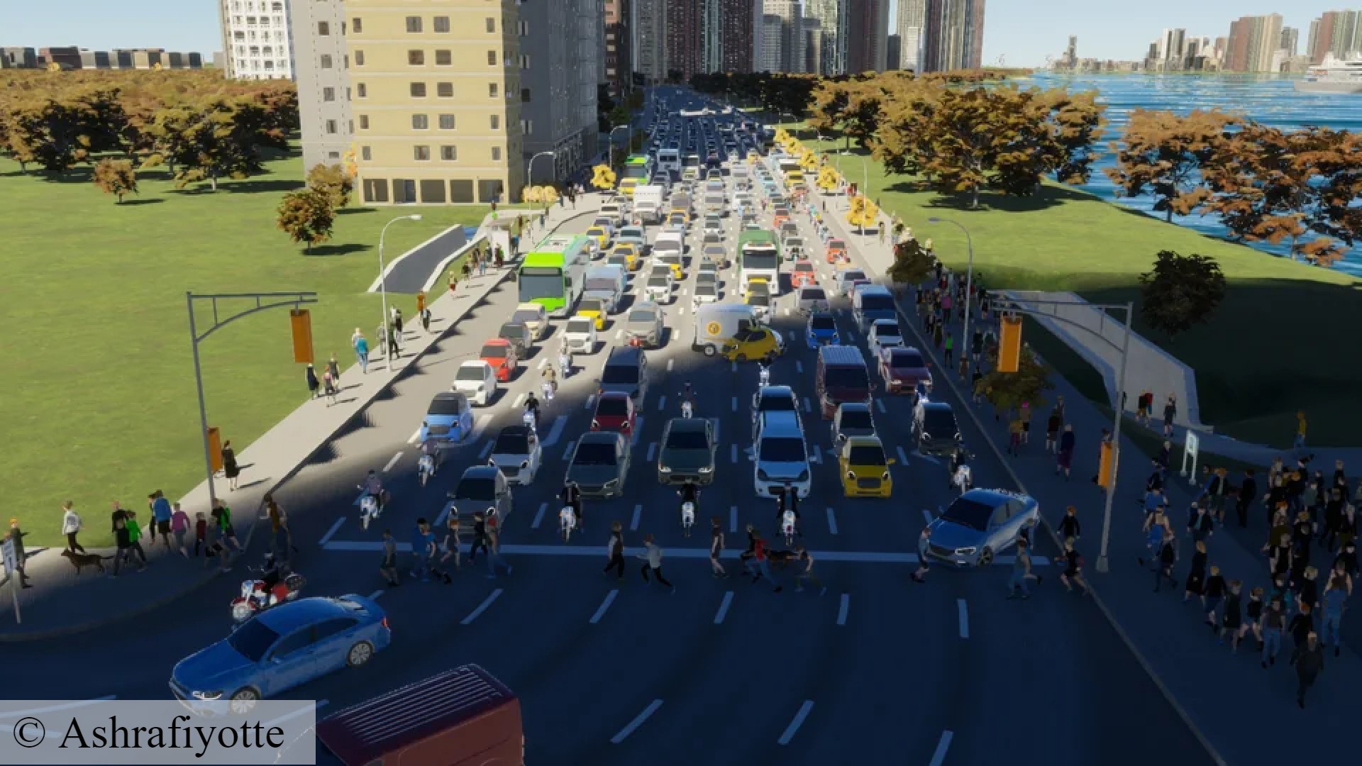 Cities Skylines 2 jaywalking: Pedestrians crowd the street in Colossal Order city building game Cities Skylines 2