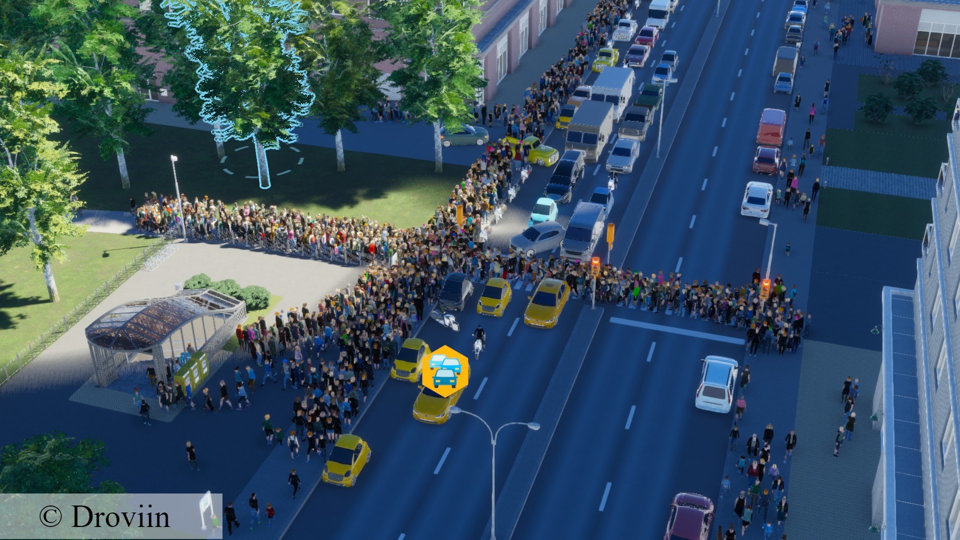 Cities Skylines 2 jaywalking: A busy street full of pedestrians in Colossal Order city building game Cities Skylines 2