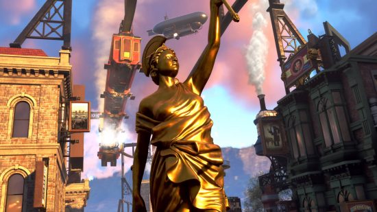 Clockwork Revolution release date - a golden statue of the founder of the utopian city.