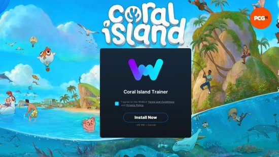 The WeMod installer over a backdrop of the Coral Island game.