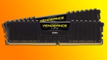 Corsair Vengeance LPX 32GB RAM Amazon deal: two sticks of DDR4 RAM appears against a yellow and orange background.