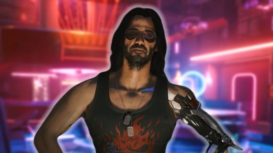 Cyberpunk 2077 mod dance: a man with long black hair, sunglasses, a black tank top and a metal left arm puts his hands on his hips in front of a nightclub