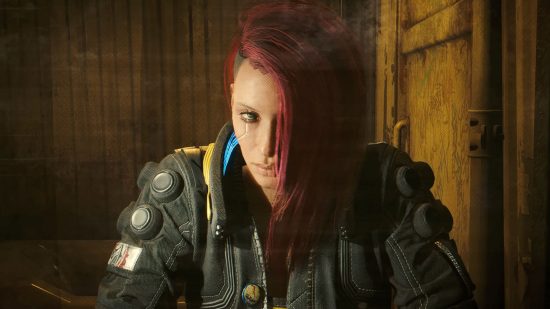 Cyberpunk 2077 reception: a woman with long pink hair looking in a mirror, with a futuristic brown jacket on