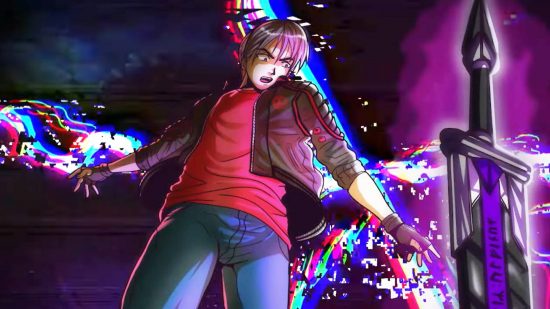 New Steam game is Cyberpunk 2077 meets Smite, with Genshin's YaoYao: A young anime boy with silver hair wearing a red shit, leather jacket, and blue jeans looks down at a glowing purple sword