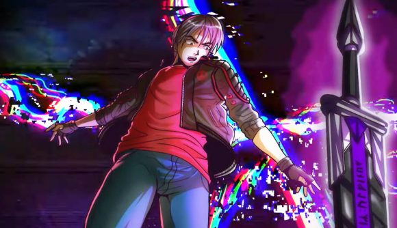 New Steam game is Cyberpunk 2077 meets Smite, with Genshin's YaoYao: A young anime boy with silver hair wearing a red shit, leather jacket, and blue jeans looks down at a glowing purple sword