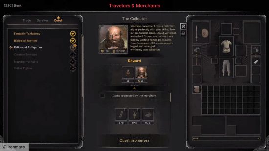 Dark and Darker Patch 2 – Der Questbildschirm, auf dem Händler den Spieler um verschiedene Belohnungen bitten.