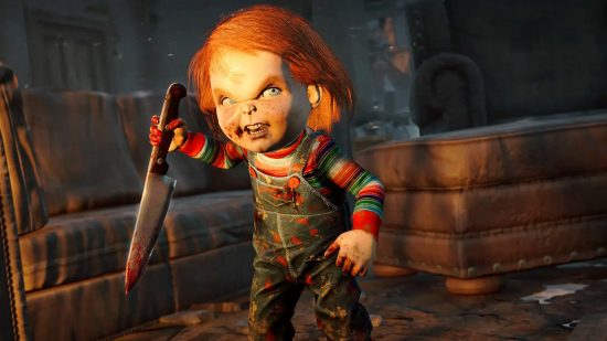 Chucky, one of the Dead by Daylight killers, stands in the main building of the Ormond map, wielding his kitchen knife.
