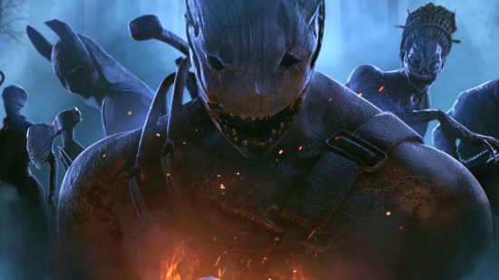 Dead by Daylight Chucky knife: an image of a man in overalls and mask with fire under them, in a forest