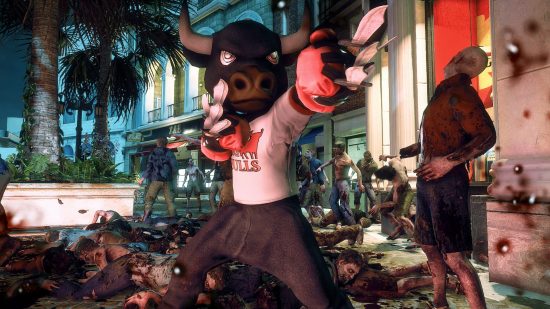 Dead Rising 3's protagonist in a bull mascot costume, standing in a pile of dead zombies.