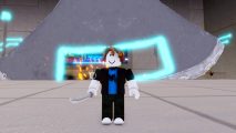Death Ball codes: a Roblox man stands with a basic sword, as a giant axe swings past.