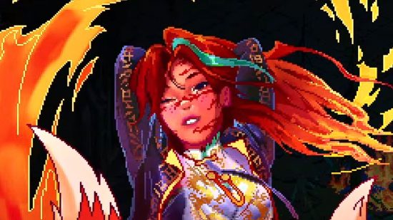 Death Must Die Steam game: a red skinned woman with flames around here, drawn in pixel art