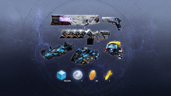 Destiny 2 Starter Pack – die drei Waffen und andere Ausrüstung, die im Bundle enthalten sind.