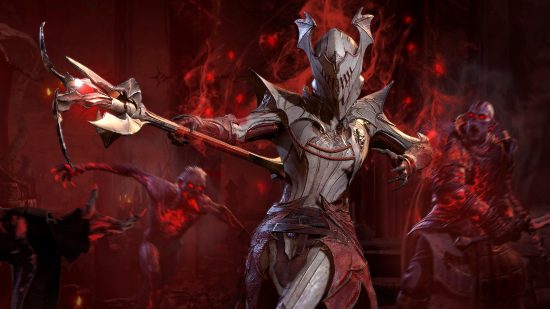 A sorceress in white armor surrounded by an eerie red aura casts as spell as demonic skeletal creatures rush at her from behind