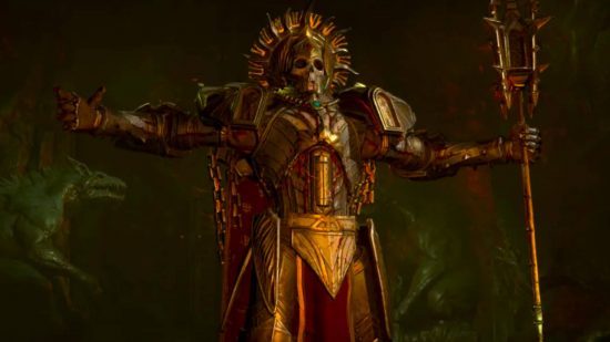 Blizzard finally drops fix for Diablo 4 Living Steel Chests: A man in golden Aztec style armor stands with his hands outstretched in a jungle area as a wolf like creature runs behind him