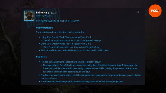 An official Blizzard hotfix for Diablo 4 discussing Living Steel drops