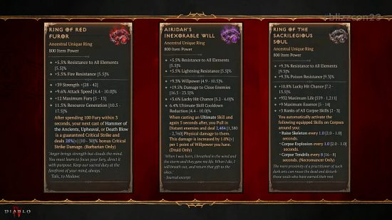 Diablo 4 Malignant Rings - the three new items for Barbarian, Druid, and Necromancer respectively.