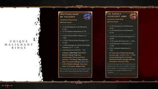 Diablo 4 Malignant Rings - two of the new unique items bringing back powers from the RPG's first season.