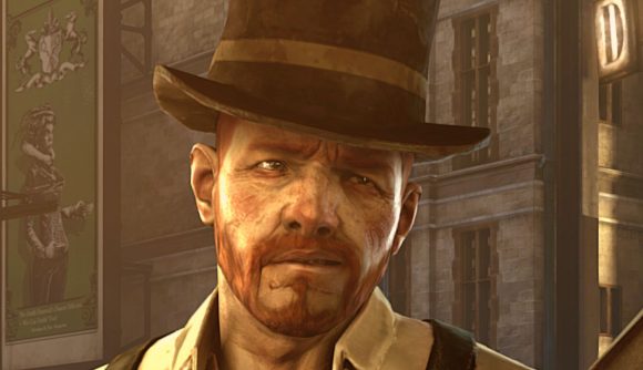 Dishonored Arkane Steam sale: a man with red hair and a short beard, with a white short, suspenders, and a brown top hat