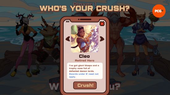 A card showing a black woman with impressive muscles and a romantic biography written beneath it with 'who's your crush' along the top of the screen