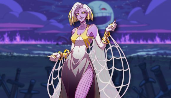New Steam game is Slay the Spire, if it was a dating sim: A pink skinned woman with white hair in a short bob with golden tips dressed in a swimsuit with a cobweb cape stands on a dark beach background where purple energy emanates off of the sea menacingly