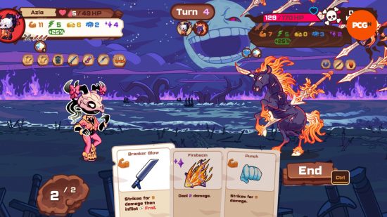 A screenshot of a character in a moose head, pink sports leggings, and an orange shirt fighting a huge flaming unicorn on a beach that has been corrupted as the moon laughs in the background