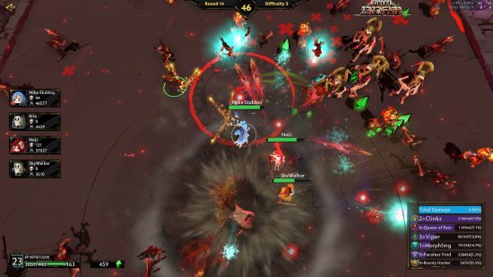 A team of Dota 2 heroes fighting waves of monsters on a black background