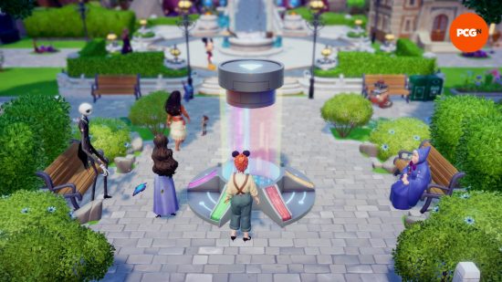 The Dreamlight Valley multiplayer Village Visit Machine sits in the middle of the Plaza as characters gather round it.