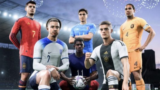 the world's best mens footballers, standing side by side in EA Sports FC 24