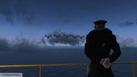 Fallout 4 Mod Enclave-Quest: Ein Mann blickt auf den Ozean, während fünf futuristische Flugzeuge auf ihn zufliegen 