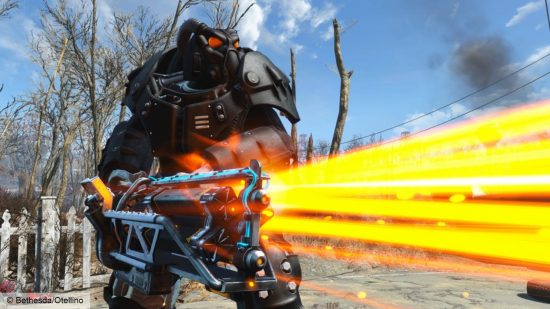 Fallout 4 Enclave quest: a person with a laser gatling gun in futuristic power armor firing the weapon outside