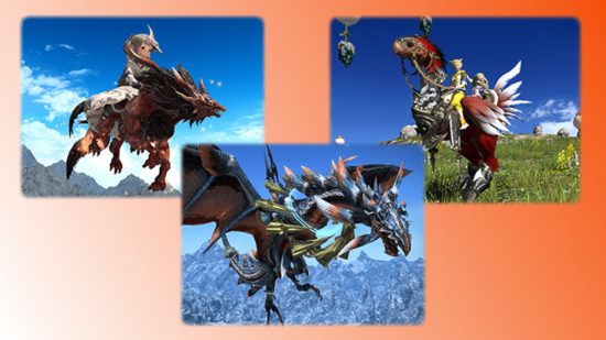 FFXIV callback campaign: three pictures of people riding fantasy mounts