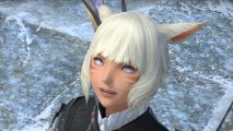 FFXIV clode data center: a young women with short white hair and cat ears with the same hair, looking up