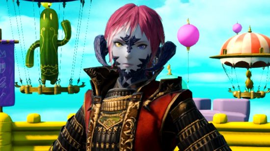 The FFXIV Fall Guys event is what the Gold Saucer needs - A red-headed Au Ra stands in Bluderville, a colorful arena filled with inflatables.