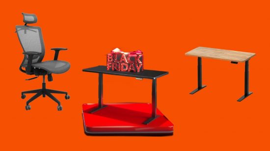 Flexispot Black Friday deals image showing desks and chairs alongside a Black Friday logo.