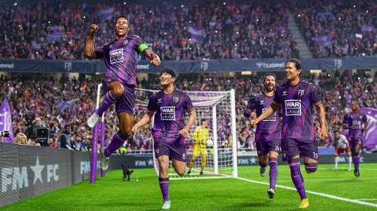 Players in purple kits jump and celebrate a Football Manager 24 review goal