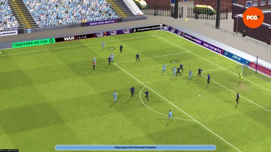 A player in sky blue taking a shot in a crowded box on FM24