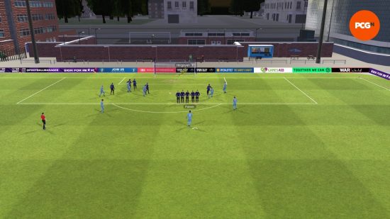 A player in sky blue scoring a free kick in Football Manager 2024