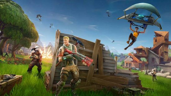 Fortnite Chapter 5 Season 1 release date - Jonesy is hiding behind a makeshift wall as enemies shoot at each other or glide onto the battlefield.