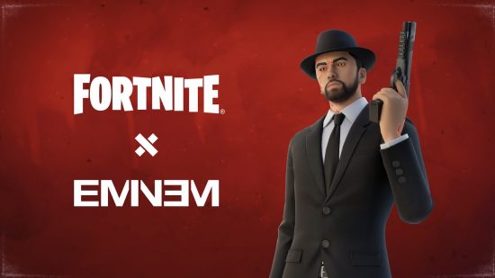 The Marshall Never More outfit in Fortnite. Text reads 'Fortnite x Eminem'